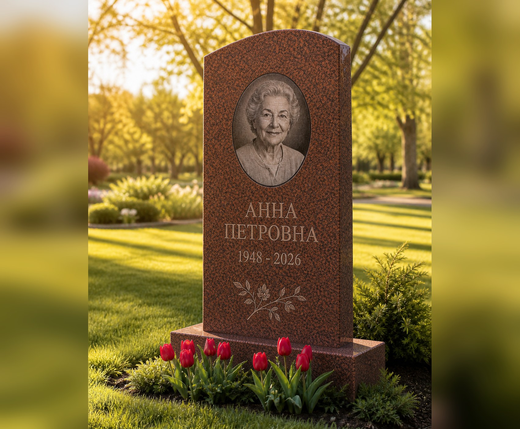 Вера в красно-коричневом граните