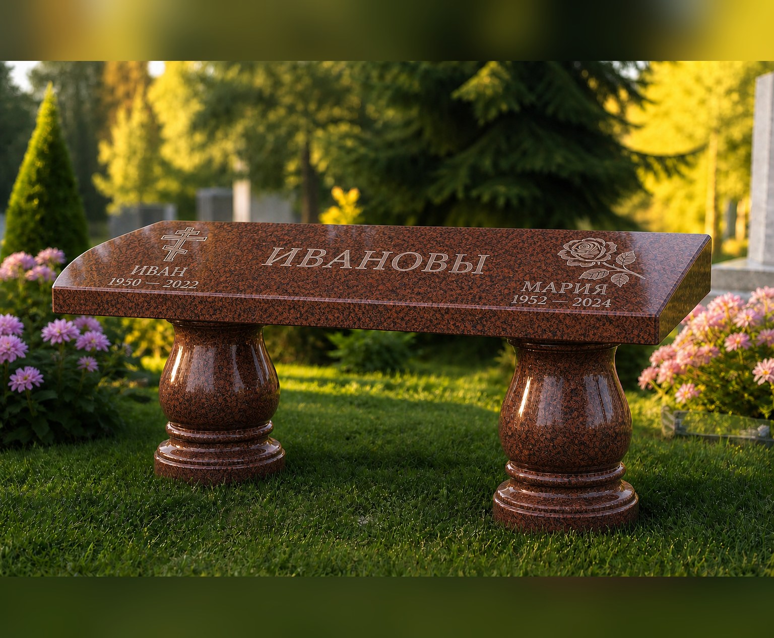 Скамейка без спинки в красно-коричневом граните