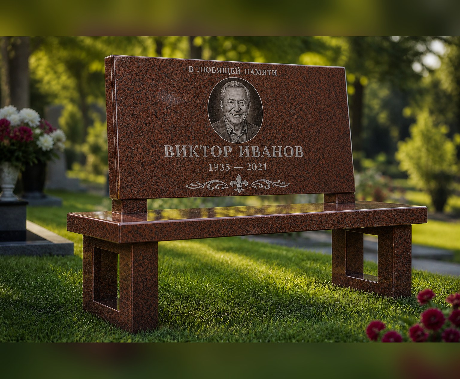 Скамейка со спинкой в красно-коричневом граните