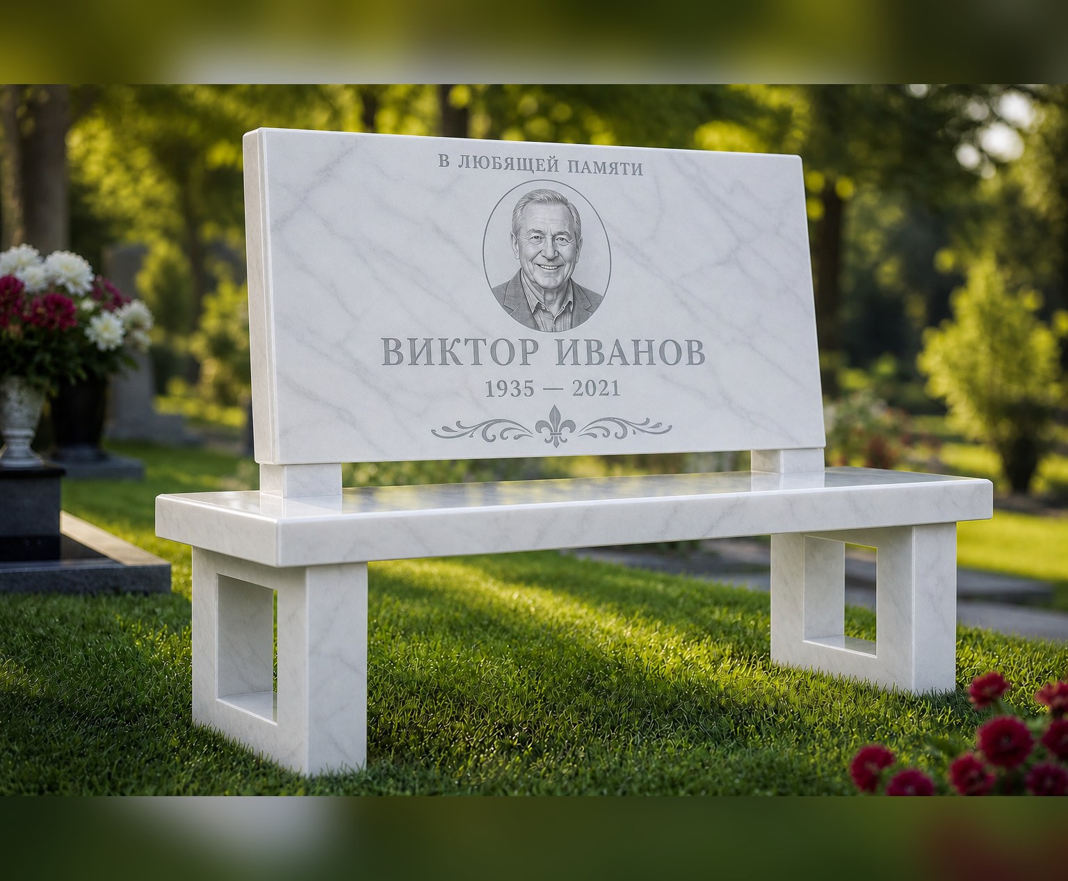 Скамейка со спинкой в белом мраморе