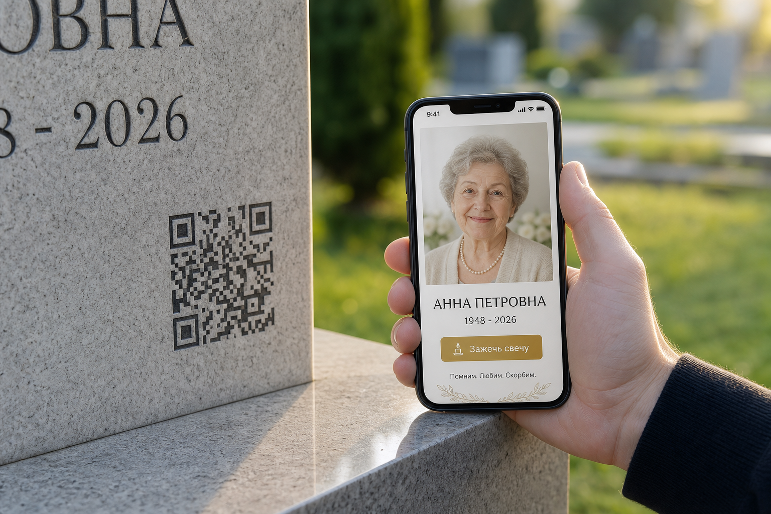 Сканирование QR-кода на памятнике